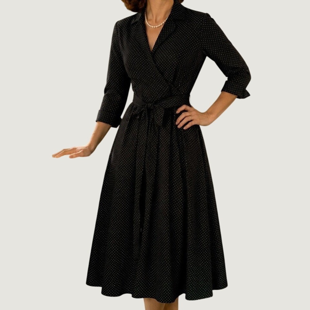 Polka Dot Faux Wrap A-line Midi Dress Navy White SZ 10 Rabbit Rabbit Rabbit